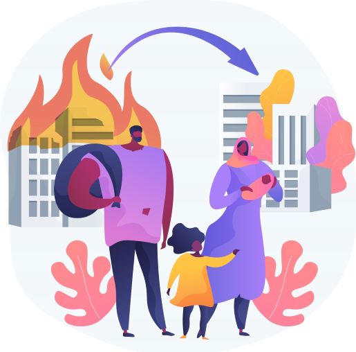 Illustration: A family of 4 stands in the foreground. Behind on the left is a city on fire; behind on the right is a city with trees. There is an arrow pointing from the burning city to the other city. Freepik.com